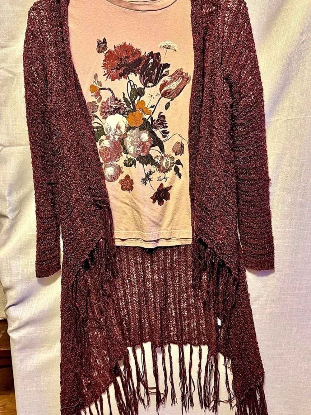 American Rag Cie Boho Hooded Fringe Duster Cardigan Y2K Brown M